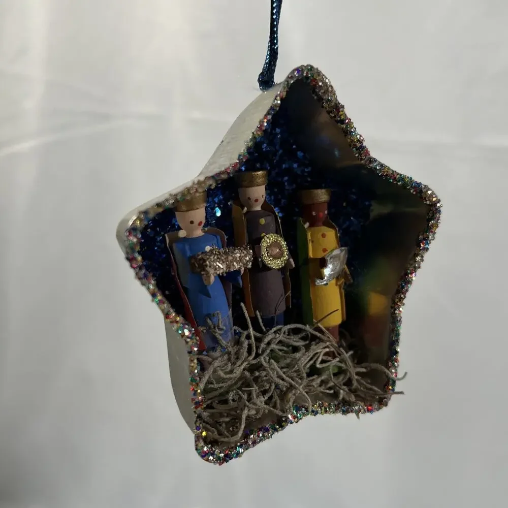 Handmade Vintage Star Tart Tins Nativity Trio Set of 3 Ornaments Glitter Diorama